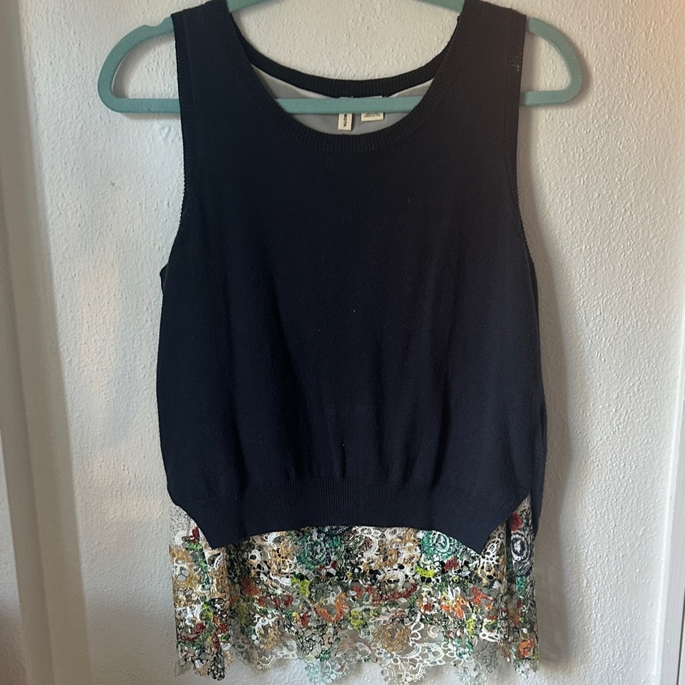 Moth - Women’s Navy sleeveless Layered Knit Top with Floral Lace Hem